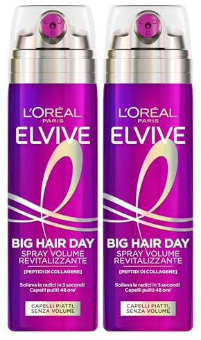 L'Oréal Paris Elvive Big Hair Day Spray Volumizzante Rivitalizzante per Capelli Piatti e Senza Volume con Peptidi di Collagene Applicatore Multi Getto Lunga Durata 72H - 2 Flaconi da 200ml