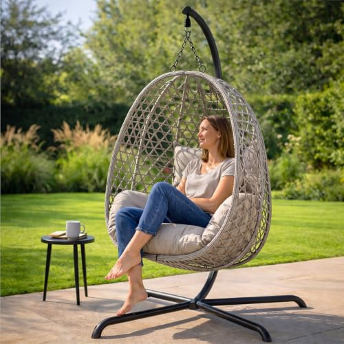 Jack Stonehouse Rattan Patio Egg Chair with Cushions | Light or Dark Grey Outdoor Hanging Garden Swing Chair | Galvanised Steel Frame Supports 120kg | Breathable Modern Hammock Recliner (Light Grey)