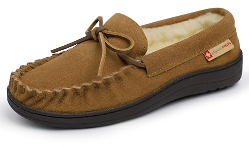 Alpine Swiss Sabine Womens Moccasin Slippers Genuine Suede House Shoe Memory Foam Insole Plush Faux Shearling Fur Indoor Outdoor Anti-Slip Rubber Sole CHST 8