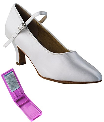 Very Fine Dance Shoes - Ladies Standard, Smooth Ballroom Dance Shoes - SERA5522-2.5-inch Heel and Foldable Brush Bundle - White Satin - 7