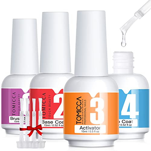 TOMICCA Dipping Powder Liquid Set, 4x15ml Base Coat, Top Coat, Activator, Brush Saver for Dip Powder Nail Kit, No Need Cure, Essential Dip Liquid Set for DIY Nail Art