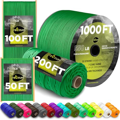 TECEUM Paracord Type III 550 Grün (Green) – 30 m – 4mm – Taktisches Seil – Outdoor-Paracord – Für Camping & Wandern – EDC-Fallschirmseil – Robustes Überlebensseil (100 ft) 025