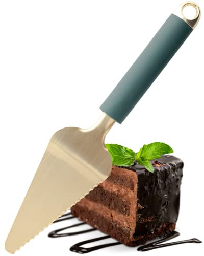 Pie & Cake Cutter Slicer Server - Green And Gold Sturdy Stainless Steel Tool. Comfortable Soft Grip Handle. Serrated Cutting Edge For Baking. Easily Cuts And Serve Cakes, Pies, Desserts. 5yr Guarantee