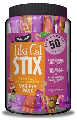 Tiki Cat Stix Mousse Treats, Variety Mega Jar, Single Serve Indulgent Lickable Treat or Dry Food Topper, 50 Count, 25 oz. (0.5 oz./Stick)
