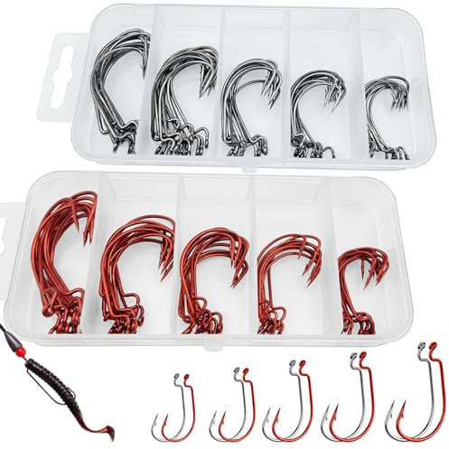 ANDEWX 100 Stück Offset Haken, 5 Größen Dropshot Haken Kohlenstoffstahl Wurm Angelhaken Set mit Box für Gummiköder Creature Köder Salzwasser Angelzubehör Kit