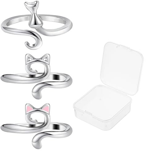 Mabor Häkelringe zum Häkeln Verstellbarer Katze Häkel Ring für Finger Silber Stricken Häkeln Loop Ring Strickzubehör mit Box für Frauen Mädchen Häkelgeschenke for Häkelliebhaber