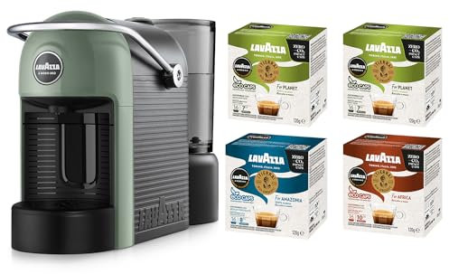 Lavazza A Modo Mio Jolie Evo, Macchina per Caffè Realizzata con 36% di Plastica Riciclata, Macchina Espresso con 64 Capsule Lavazza A Modo Mio Tierra Assortite Incluse, Verde