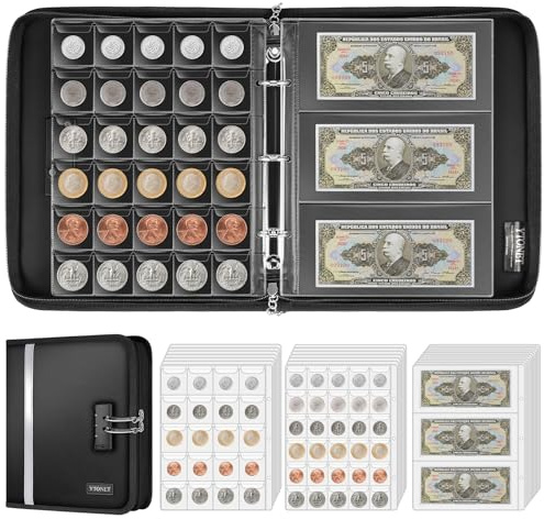 Coin Collection Book Holder for Collectors, Fireproof Coin Collection Supplies with Lock, 320 Pockets Coins Album and 36 Currency Album Storage Organizer, Coins Collector Gifts for Bill, Penny, Black