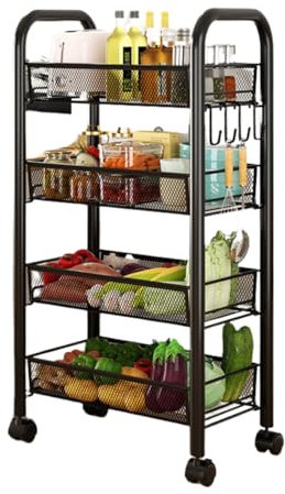 LUTODY - Carro de Almacenamiento, Varios Niveles, Organizador metálico con Ruedas, Carrito Auxiliar móvil Compacto, Verdulero, Frutero, Multiuso para Cocina (Negro, 4 estantes)
