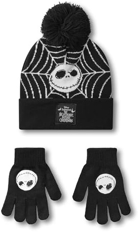 Disney The Nightmare Before Christmas Unisex-Beanie-Mütze und Handschuhe-Set | Schwarze gestrickte Wintermütze mit Jack Skellington Spinnennetz für Jungen und Mädchen | Warme Bommelmütze