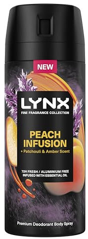 Lynx Fine Fragrance Collection Peach Infusion Premium Deodorant Body Spray Antiperspirant for 72 hours of freshness, infused with a peach, patchouli & amber scent 150 ml