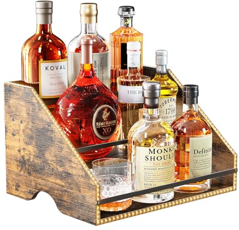 Nuovoware Scaffale Espositivo per Bottiglie Liquore Illuminato LED, Scaffale Legno 3 Gradini con Recinzioni Maniglie Portatili, 12 Bottiglie Whisky Espositore Vini Retrò Bar Domestico Feste, Marrone