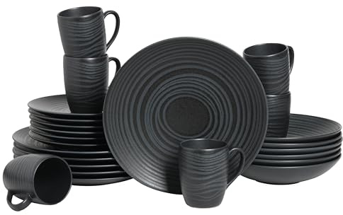 CreaTable, 20568 Serie Lava Stone Black, set di stoviglie da 24 pezzi per 6 persone, servizio combinato in gres porcellanato, lavabile in lavastoviglie e forno a microonde, made in Portogallo
