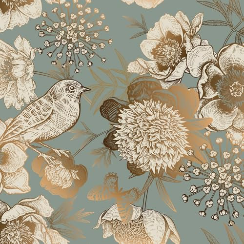 LACHEERY Papier Peint Fleuri Vert Or Adhésif Oiseau 44.5cm x 200cm Papier Peint Autocollant Mural Vert Vegetal Vinyle Adhesif Meuble Motif Imperméable pour Salon Chambre Film Meuble Adhesif Armoire