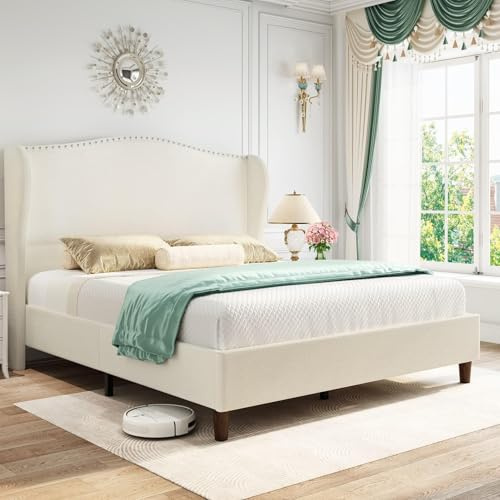 Yaak Queen Size Chenille Bed Frame with 52 Tall Headboard, Upholstered Platform Bed with Nailhead Trim Headboard Wingback, No Box Spring Needed, Wood Slats Support, Easy Assembly, Beige