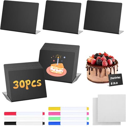 30 Pezzi Mini Lavagna Piccola, 100x75 mm Lavagnette Segnaposto, Forma di L Cartellini Prezzi con 7 Penna, per Panetteria, Matrimonio, Buffet, Caffè (Nero)