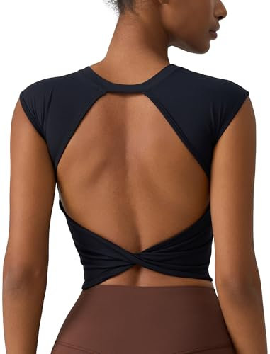 Damen Sport Top rückenfrei: Ärmellos Crop Top Twist zurück mit Halb-Feste Cups - Sexy Sommer Shirt für Yoga Fitness Gym schwarz M