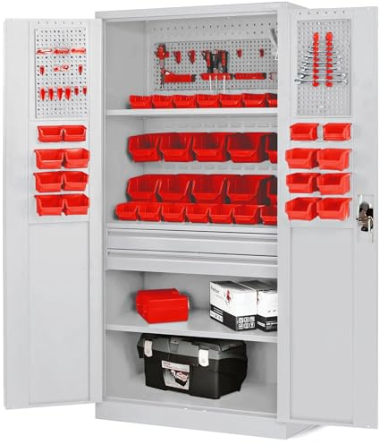 Jan Nowak Armoire à Outils TC02AM Armoire Meuble d'atelier avec 2 Tiroirs Portes battantes 3 étagères Peinture en Poudre 185 cm x 92 cm x 50 cm Gris