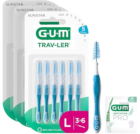 GUM TRAV-LER brossettes interdentaires | nettoyage en profondeur entre les dents | manche pliable | élimination de la plaque dentaire | 1.6mm, ISO 5 | Taille L | Lot de 3x6 (+ 1 échantillon gratuit)