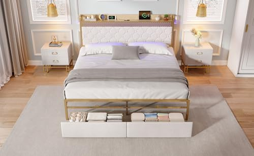 Merax 4ft6 Double Bed Frame with 2 Storage Drawers,RGB LED Storage Headboard with Charging Station,Velvet Bed Frame,with Chrome Decoration,No Box Spring Needed,Easy Assembly,Beige (No Mattress)