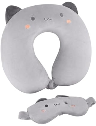 Nzkeuf Cuscino da Viaggio con Maschera per Gli Occhi, Cuscino Aereo per Bambini e Adulti, Cuscino A Forma Di U Dei Cartoni Animati per Il Collo Perauto, Aereo, Ufficio, Casa (Gatto Grigio)