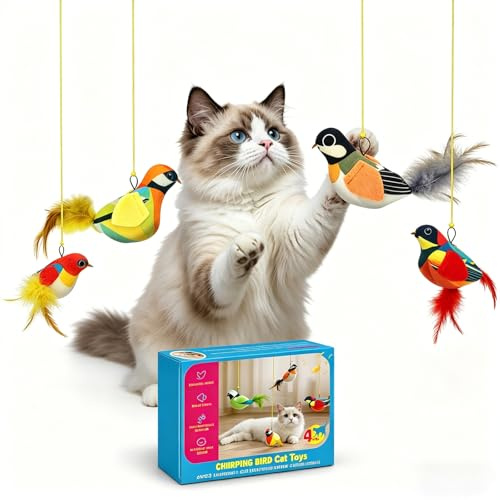 ZUNVETA Set di 4 giocattoli interattivi per gatti con erba gatta, uccelli di peluche con cinguettio e piume per stimolare la caccia di gattini e gatti domestici, da appendere
