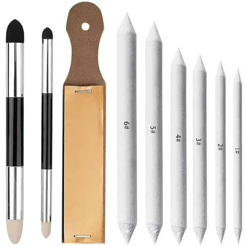 9PCS Blending Stumps & Tortillons for Artists, Professional Sketching Tools with Mixed Sponge Pen Cleaner - Reusable, Washable for Charcoal, Pastel, Pencil (Artists & Beginners)