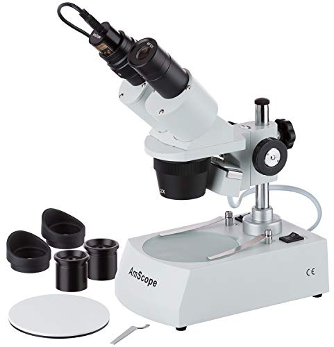 AmScope SE306R-P-E Digital Forward-Mounted Binocular Stereo Microscope, WF10x Eyepieces, 20X and 40X Magnification, 2X and 4X Objectives, Upper and Lower Halogen Lighting, Reversible Black/White Stage Plate, Pillar Stand, 120V, Includes 0.3MP Camera and Software