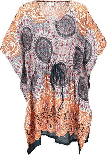 GURU SHOP Poncho, Mandala Tunika, Boho Kaftan, Kurzarm Strandtunika Für Starke Frauen - Orange, Damen, Synthetisch