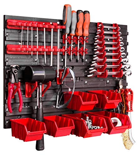 Sistema de almacenamiento de pared, 58 x 39 cm, soportes para herramientas, 6 unidades. Cajas apilables para almacenamiento visual, placas de pared extrafuertes, estantería ampliable, estantería de