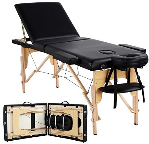 Yaheetech Massage Bed Portable Professional Beauty Spa Salon Couch Bed with Adjustable Wooden Legs/Headrest/Armrest 3 Sections Black