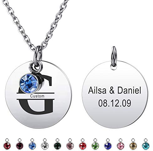 MeMeDIY Collier Pendentif Rond Personnalisé Gravure Lettre Initiale Nom pour Hommes Femmes Garçon Fille Pierre de Naissance Acier Inoxydable Chaîne Amour Relation Cadeau d'anniversaire(Argent)