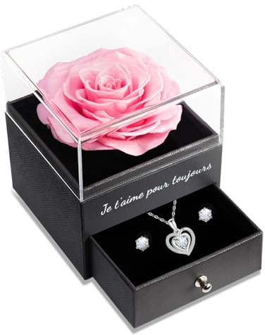 Sunia Rose Eternelle avec Bijoux Argent 925,Collier Coeur Boucles d'oreilles,Coffret Cadeau Femme,Rose Préservée avec Collier,Cadeau Anniversaire Femme,Amour Cadeau,Fete des Meres,Noël,Saint-Valentin
