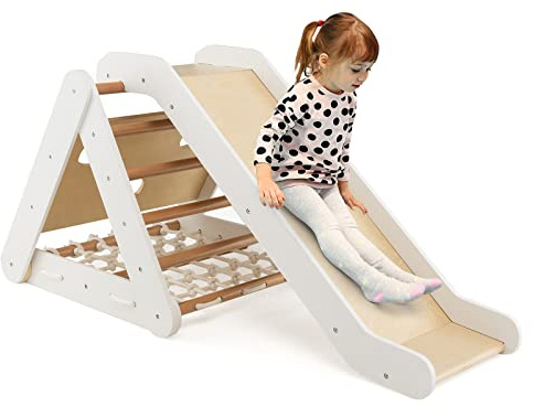 RELAX4LIFE 4 in 1 Triangolo da Arrampicata con Scivolo per Bambini, Scala per Arrampicarsi in Legno, Triangolo Montessori, Parco Divertimenti per Bimbi 1+ Anni (Beige)