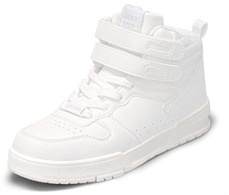 LUCKY STEP Damsneakers med hög topp, basketkängor, gymnastikskor med kardborreband – avslappnade konstläder-sneakers, Vit, 39 EU