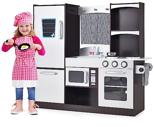 COSTWAY Cuisine Enfant en Sapin avec Tableau Noir & Rideau, Cuisiniere Enfants avec Réfrigérateur & Four, 2 Etagère, Jeu de Cuisine pour Enfant de 3+ Ans, 97 x30 x 95 CM