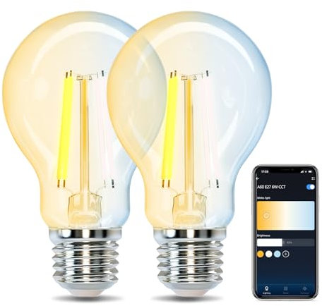 Aigostar Edison Ampoule Connectée WiFi E27 6W Ampoules Vintage Intelligente LED A60, Compatible avec Alexa et Google Home, Ampoule WiFi Dimmable 2700K-6500K, Transparent 2 Unités