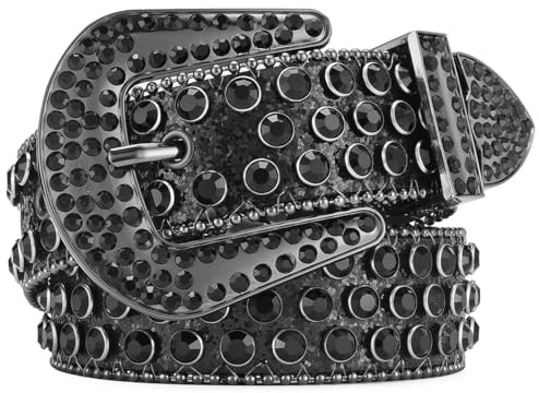JFYSJH Women Men Black Rhinestone Studded Belts for Western Cowboys Cowgirls Bling Sparkly Belt, Fit Waist 41-45 inch
