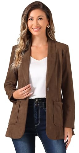 Allegra K Giacca da donna in finta pelle scamosciata con colletto con risvolto e un bottone, Marrone, M