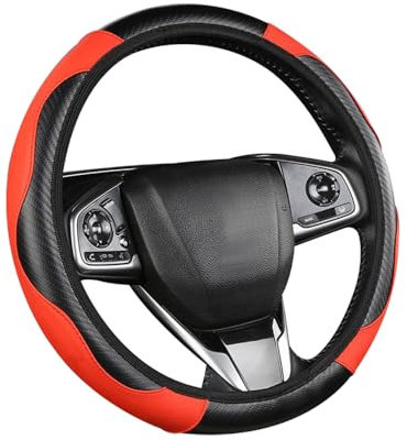 Stilvoll Auto Lenkradbezug mit rutschfest,38CM Kohlenstoff Faser Lenkradbezug Leder,Universal Lenkradbezug Zubehör Auto Zubehör Innenraum Passend für Die Meisten Autos (Rot)