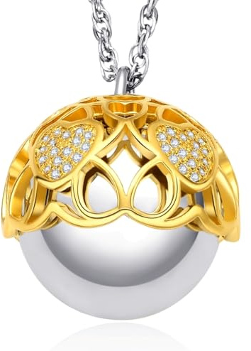 Dada Gioielli - Bola Grossesse - Cadeau Femme Enceinte et Nouvelle Maman - Collier Pendentif Cloche Appel des Anges avec Coeur Brillant, 110cm, Or Jaune, Bronze plaqué Or Jaune