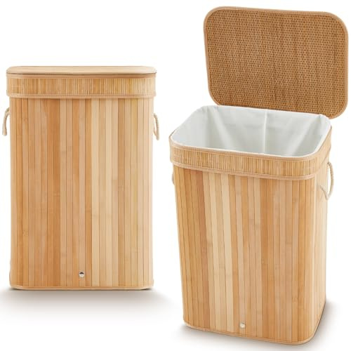 Kritkin 2 Pack 21 Gallon Bamboo Slim Trash Can with Lid Large Foldable Slim Rectangular Garbage Can Laundry Basket Bamboo Waste Basket for Bathroom Bedroom Office Home Salon Spa (Wooden Color)