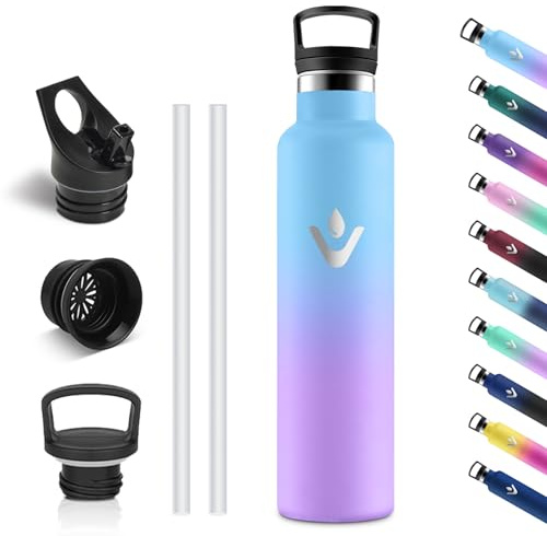 Vikastar Edelstahl Trinkflasche, Thermosflasche 1l, BPA-frei Trinkflasche, Thermosflasche mit Strohhalm, Trinkflaschee für Schule, Sport, Fahrrad, Camping, Himmelblau & Violett