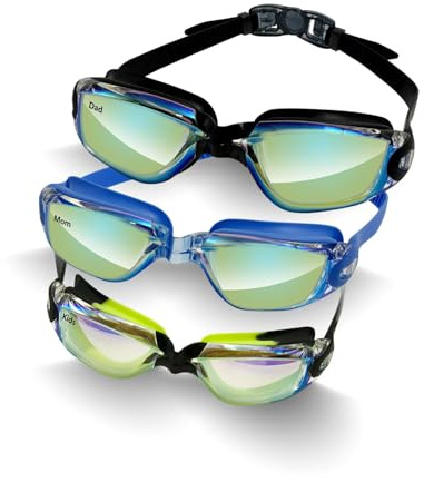 Swimming Goggles 3-Pack Family Set,Anti-Fog & Leak-Proof Adult and Kids Swim Goggles (6-14 Years) with UV Protection,Adjustable Comfort Fit for Training and Beach Recreation