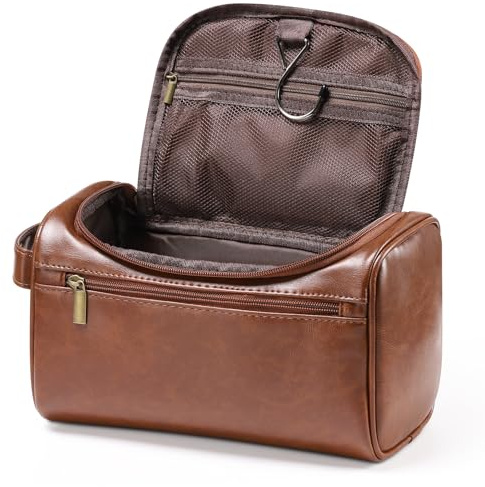 Leather Toiletry Bag, Etercycle Hanging Wash Bag PU Travel Toiletry Bag Waterproof Bathroom Bag for Men and Women Travel Makeup Organizer (Brown)