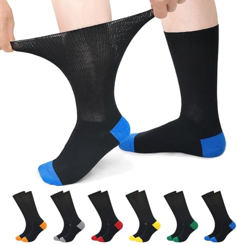 PUTUO Calzini Diabetici per Uomo Donna: Calze Sanitarie Senza Elastico per Uomo in Cotone - Calzini Extra Larghi Senza Cuciture per Piedi Gonfi e Anziani Taglia 43-46 Multicolore 6 paia