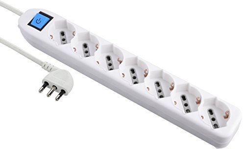 Electraline 62078 Multipresa 7 Posti polivalenti (Schuko + 10/16A) con interruttore - Cavo 1,5 m Bianco