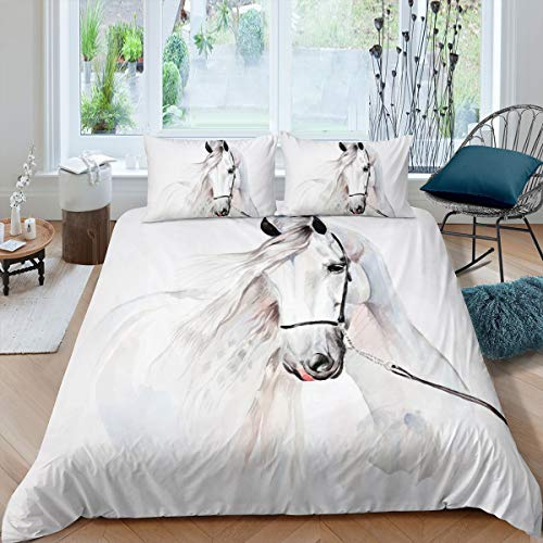 Loussiesd Set di da Letto per Letto Singolo con Motivo a Cavallo Bianco con 3D,Motivo Cavalli,2 Pezzi,Set Copripiumino con Animali Selvatici,copriletto con 1 Federa in Morbida Microfibra con Cerniera