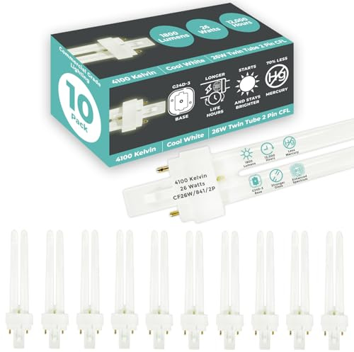 GoodBulb 26 Watt CFL Light Bulbs 2 Pin G24D-3 Base 4100K Cool White 26W High Output 1800 Lumens Double Tube Compact Fluorescent Light Bulbs Plug-in 10 Pack