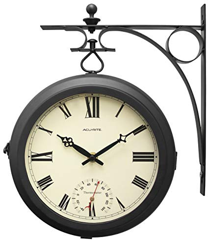 AcuRite Double-Sided Clock with Thermometer for Patio, Metal, Black